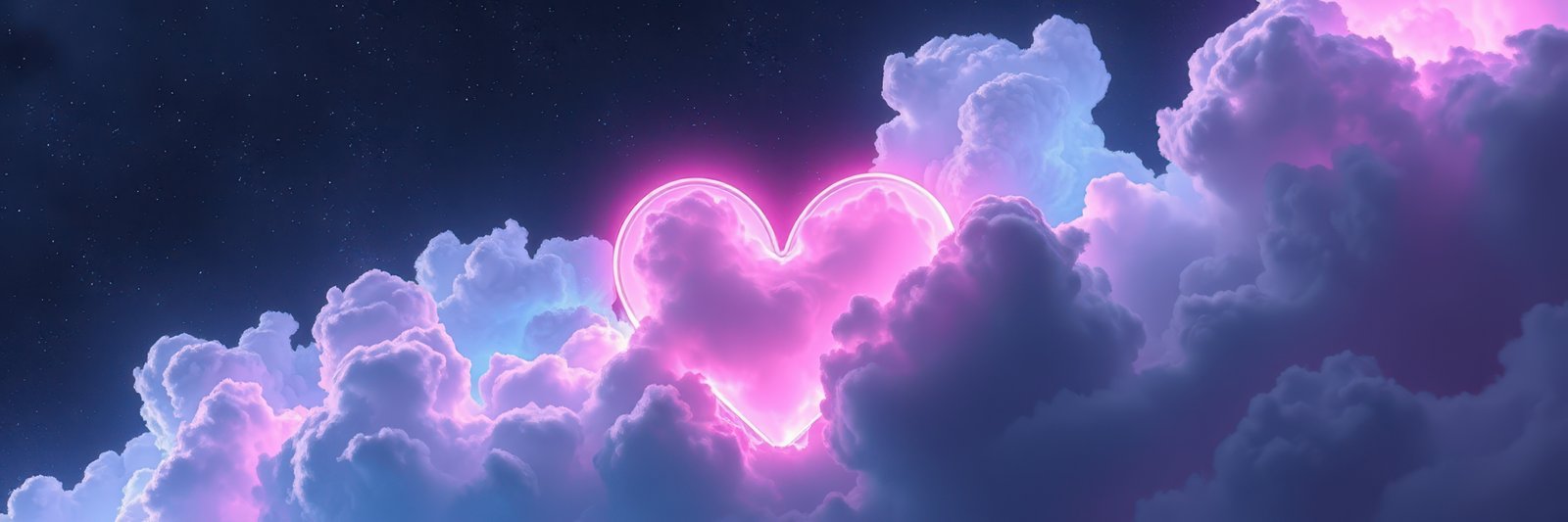 Pink neon heart glows amidst purple and blue clouds at night